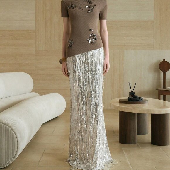 Silver Party Women's Sequin Fringe Mermaid maxi skirt - Picture 6 of 7